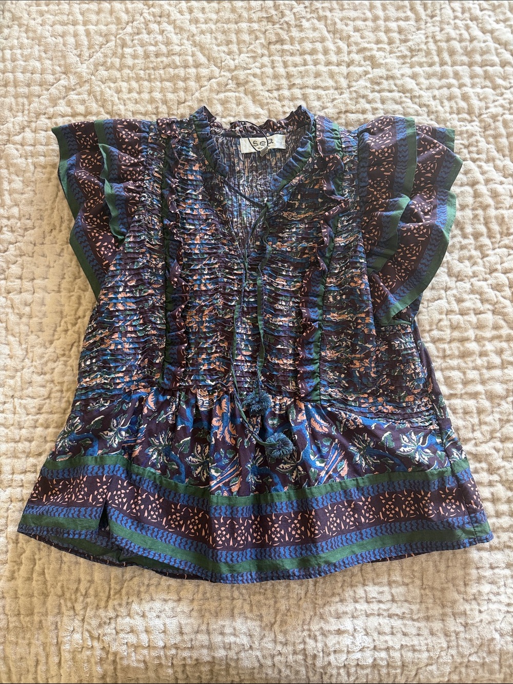 Sea New York Navy and Green Ruffle Smocked Floral Blouse
